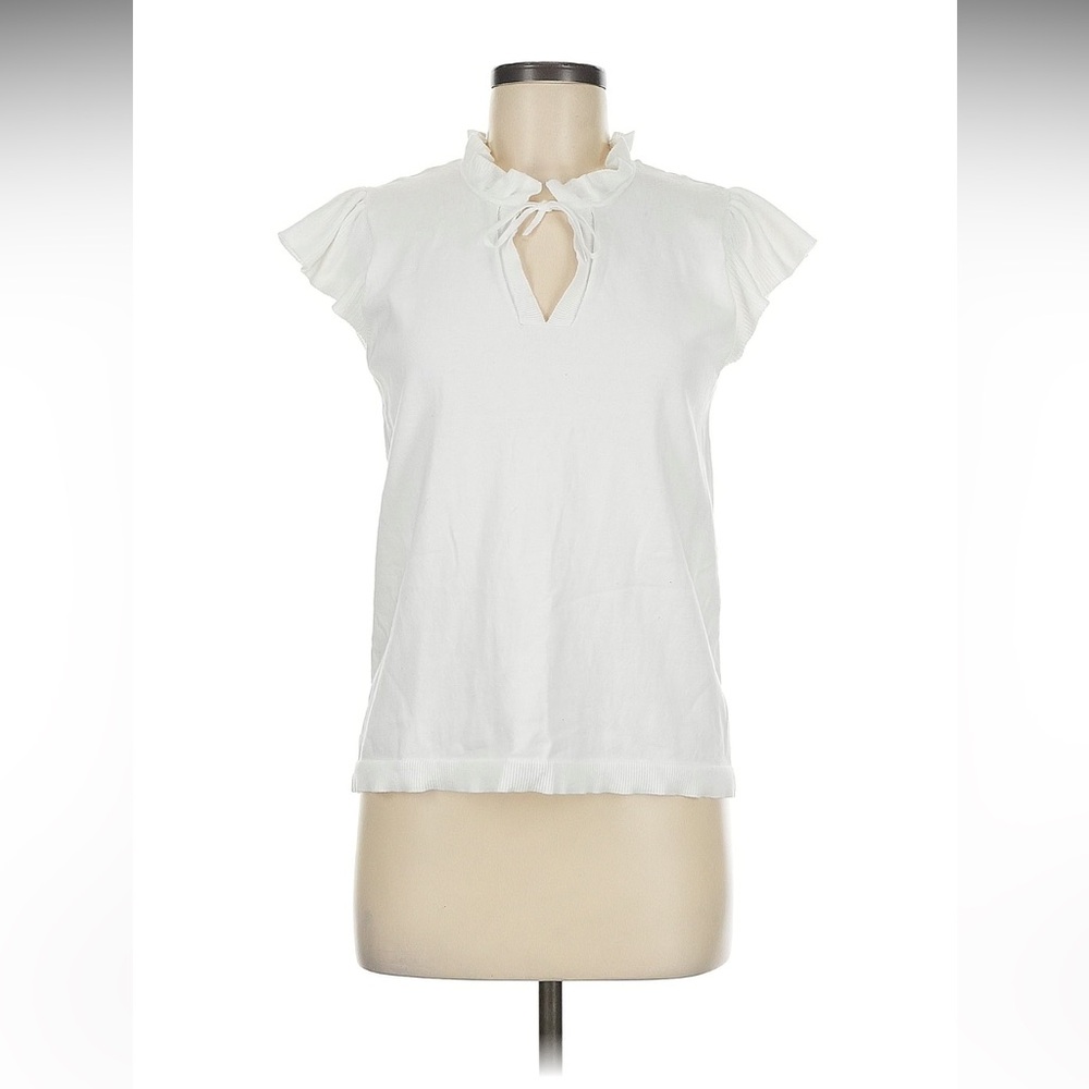 Loft White Ruffle Tie Neck Short Sleeve Sweater Top